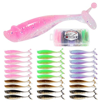 30pcs Soft Plastic Swimbaits with Paddle Tail, T-Tail Fishing Lures for Vertical Jigging and Casting, Freshwater Swimbaits for Bass, Trout, Walleye & Crappie - color: Classic, 2.2''