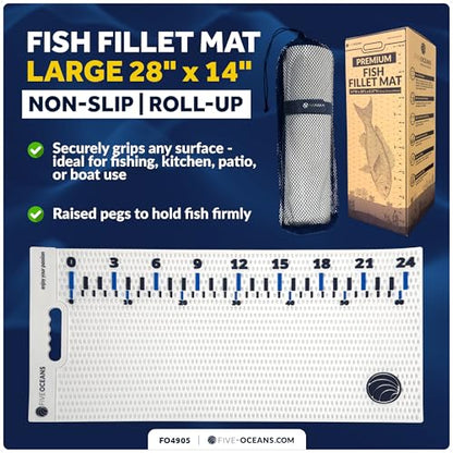 Five Oceans Fish Fillet Mat 28" x 14", White Non-Slip Cutting Mat for Fish, Heavy-Duty Roll-Up Dishwasher Safe Board with 24" Ruler, for Kitchen Counters, Patio BBQ & Outdoor Tables - FO4905 - color: Fish Fillet Mat