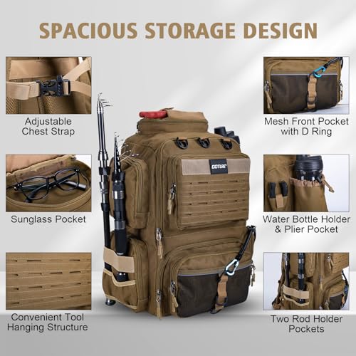 Goture Fishing Backpack with 4 Tackle Boxes,900D Water-Resistant Tackle Backpack with Rod Holders,45L Large Fishing Bag Storage Gear Tackle Bag with Rain Cover,Bottle Holder for Travel Camping Hiking - color: A1:khaki With 4 Tackle Boxes