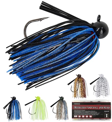 Weedless Football Jigs for Bass Fishing, Multi-Coloured Finesse Football Jig Heads with Vivid Hand-Tied Silicone Skirt and Weed Guard 1/4 3/8 1/2 3/4oz (Pack of 5) - size: 1/2oz-5pcs