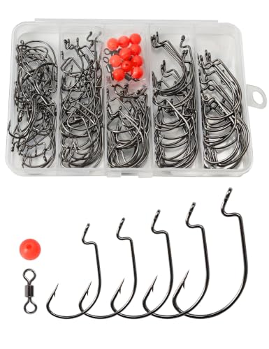 135pcs Bass Fishing Hooks Set - 110pcs High Carbon Steel Offset Worm Hooks Assortment #1, 1/0, 2/0, 3/0, 4/0 with 10pcs 8mm Red Beads and 5pcs #2 Barrel Swivels - EWG Hooks for Plastic Worms - style: Worm Hooks Set, Pack of 135
