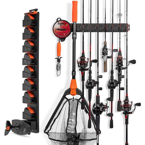KastKing GravityLock V8 Multifunction Fishing Rod Holder, Wall Mounted Fishing Rod Rack, Holds 8 Fishing Rods or Combos, One Adjustable Clip, Patented Built-in Line Spooler & Cutter, Heavy-Duty Grip - style: A:V8 (Store 8 Combos With Line Spooler) – 1 Pac
