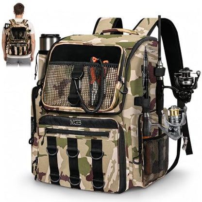 MGB 46L Fishing Tackle Backpack with 2 Rod Holders & YKK Zipper Storage Fishing Gear and Equipment, Gifts for Men Father - color: Brown Camo（without Tackle Box）