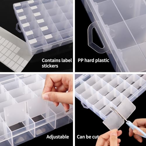 2 Pack Clear Bead Organizer Tackle Box with Adjustable Dividers for Jewelry Art Craft Containers 36 Grids Compartment with 5 Sheets Label Stickers - color: 2 Pack