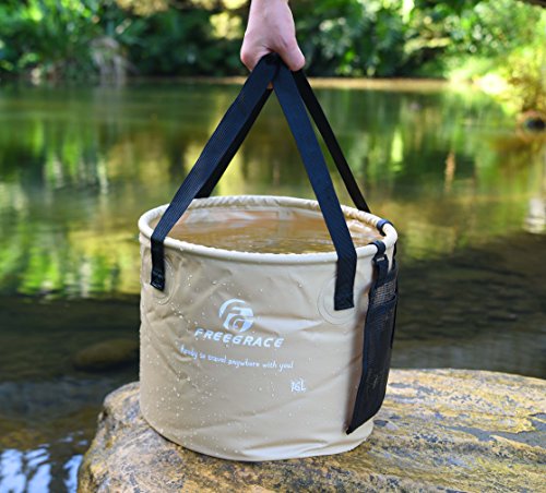 Freegrace Collapsible Bucket with Mesh Tool Pocket - 10L, 16L & 23L Portable Folding Water Container - Heavy Duty 500D Tarpaulin, BPA-Free Wash Basin for Camping, Fishing, RV, and Car Washing - color: Khaki