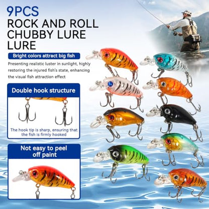 9PCS/Bag Mini Crankbait, Bass Fishing Lures Kit Set, 3D Eye Panfish Lures Plastic Crankbait Fishing Lures Hooks Topwater Hard Baits for Saltwater/Freshwater Fishing, 4.5cm/4g