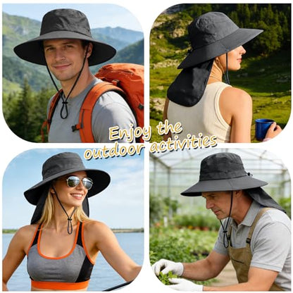 Sun Hats for Men Women, UPF50+ Protection Safari Hat,Wide Brim Fishing Hat with Neck Flap,Bucket Hats for Beach Hiking - color: Black