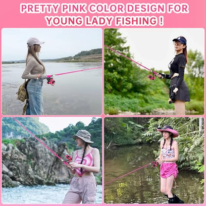 Fishing Rod and Reel Combos, Carbon Fiber Telescopic Fishing Pole Kit with Spinning Reel, Fishing Line, Fishing Lures, Travel Bag for Woman Girl Beginner Saltwater Freshwater - color: PINK