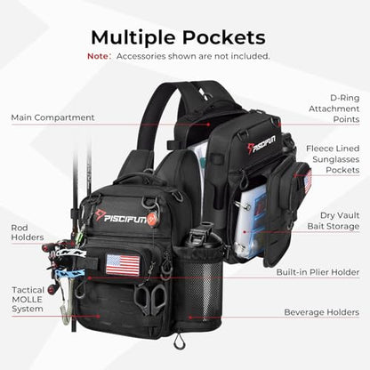 Piscifun Fishing Tackle Backpack, 3-Way Carry with Rod Holders | 16 smart pockets, 2 rod holders, Rain cover, Breathable back support, Convertible sling/waist/backpack carry - color: Black
