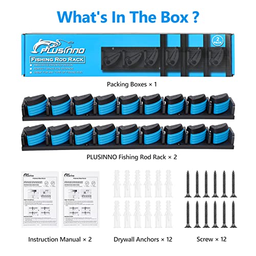 PLUSINNO 2 pack Vertical Fishing Rod rack, Wall Mounted Fishing Rod holder, 2 Packs Fishing Pole Holders Hold Up to 18 Rods or Combos, Fishing rod holders for garage, Fishing Gear and Gifts for Men - style: Blue 2-pack (store 18 combos)