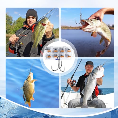 UCEC Fishing Hooks Treble Hooks Kit for Saltwater Freshwater, High Carbon Steel Strong Sharp Round Bend for Catfish Trout Hard Baits Lures, Size #1#2#4#6#8#10#12#14 110/50/210 Pack with Split Rings - style: 110pcs, #1 #2 #4 #6 #8 #10 #12 #14
