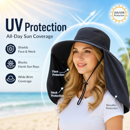 HUAMULAN Women Large Brim Sun Hat with Neck Flap, Men Quick Dry Hiking Fishing Safari Hat UPF 50+ - color: Black Solid