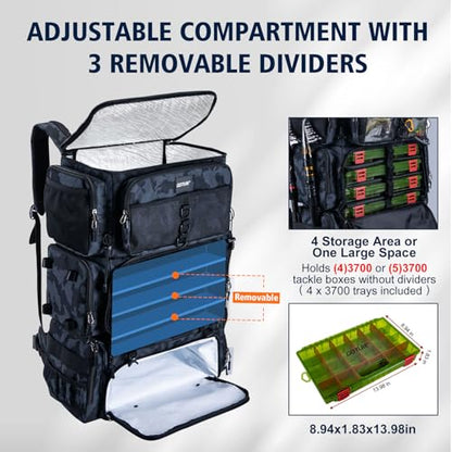 Goture Fishing Backpack with Cooler, 72L 600D Tackle Backpack Included 4 3700 Tackle Boxes, Dry & Wet Split Compartment, Large Fishing Tackle Bag with Rod Holders,Rain Cover for Travel Camping Hiking - color: A2:Camo with 4 3700 Tackle Boxes