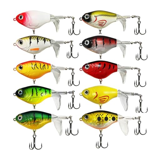 10Pcs Top Water Fishing Lures with Floating Rotating Tail Whopper Fishing Lure for Bass Barb Treble Hooks in Saltwater Freshwater Plopping Lures Kit