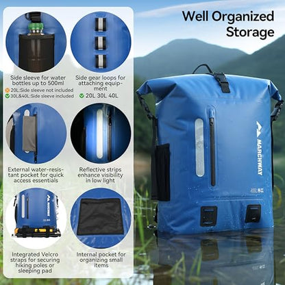 MARCHWAY Roll Top Waterproof Backpack, Floating Dry Bag 20L/30L/45L with Ergonomic Rectangular Base, Cushioned Back, Hip Strap for Hiking Camping Kayaking Travel (Blue, 30L) - color: Blue, size: 30L