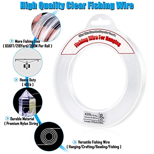 Clear Fishing Wire, Acejoz 656FT Fishing Line Clear Invisible Hanging Wire Strong Nylon String Supports 40 Pounds for Balloon Garland Hanging Decorations - style: 0.45mm, 656ft, 40lb