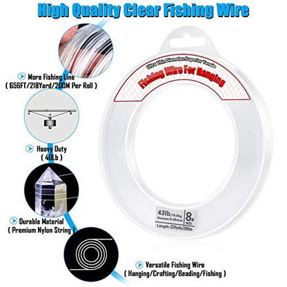 Clear Fishing Wire, Acejoz 656FT Fishing Line Clear Invisible Hanging Wire Strong Nylon String Supports 40 Pounds for Balloon Garland Hanging Decorations - style: 0.45mm, 656ft, 40lb
