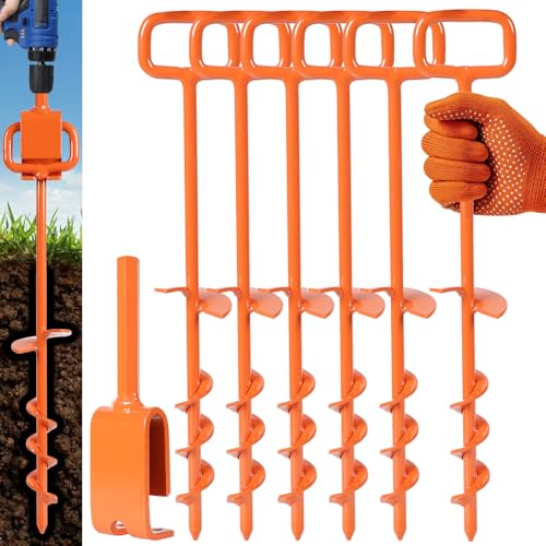 16In Tent Stakes, Ground Anchors Screw in, with Heavy Duty Adapter | for Screw Ground Anchors, Tree Straightening Kit, Anchors Tent, Mobile Home Anchors, camping and outdoor securing - color: Orange, size: 6PCS
