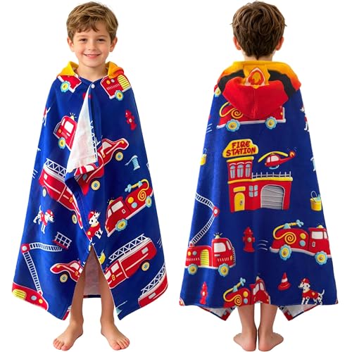 VOOVA & MOVAS Kids Bath Towels Age 3-8, 30''X50, Soft | Thick | 100% Cotton, Beach | Pool | Bath | Swim Towels | Cover Up for Boys, Blue Fire Truck Theme - color: Blue Fire Truck, size: 50.00''x30.00''(3-8 Years)
