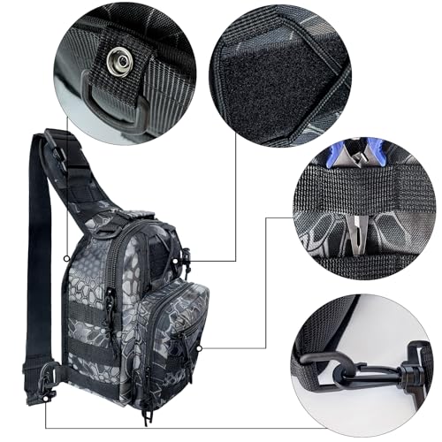 Kynzo Fishing Sling Backpack with Rod Holder, Water-Resistant Fishing Tackle Bag, Durable Shoulder Crossbody Pack for Freshwater Saltwater Fishing (D- Pythonskin Black) - color: D- Pythonskin Black