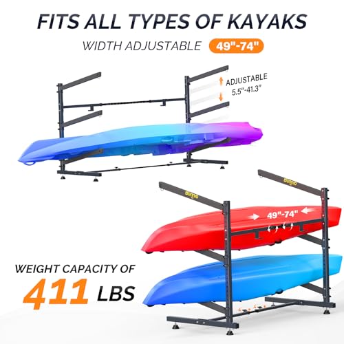Bonnlo Kayak Storage Rack, Adjustable Heavy Duty Kayak Rack for Kayaks Paddle Boards, Kayak Paddle Holder for Garage, Spacesaver, Gentle on Padding, Boat Organizer - style: 3 Kayaks, Free Standing