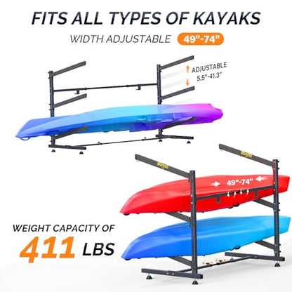 Bonnlo Kayak Storage Rack, Adjustable Heavy Duty Kayak Rack for Kayaks Paddle Boards, Kayak Paddle Holder for Garage, Spacesaver, Gentle on Padding, Boat Organizer - style: 3 Kayaks, Free Standing