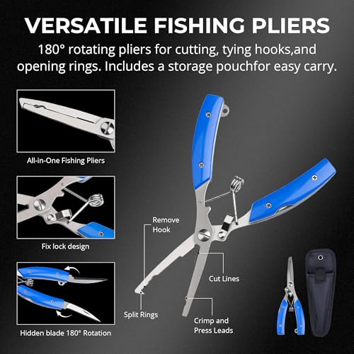 Foldable Kayak Landing Net Kit, 4PCS Fishing Tool Set | With Pliers, Fish Gripper & Hook Remover for Kayak Fishing, Boating, Shore Fishing, Freshwater & Saltwater - color: Blue 4pcs Fishing Tools Kits