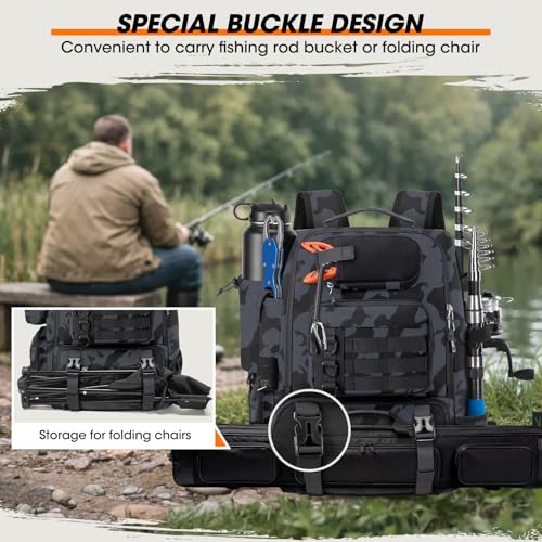 RAINSMORE Fishing Backpack with Rod Holders & Cooler 40L Water Resistant Tackle Backpack with Rain Cover Store Fishing Gear - color: Camouflage