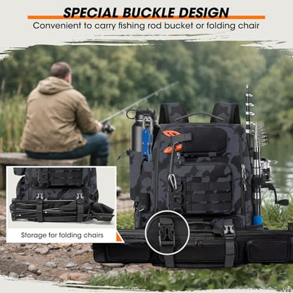 RAINSMORE Fishing Backpack with Rod Holders & Cooler 40L Water Resistant Tackle Backpack with Rain Cover Store Fishing Gear - color: Camouflage