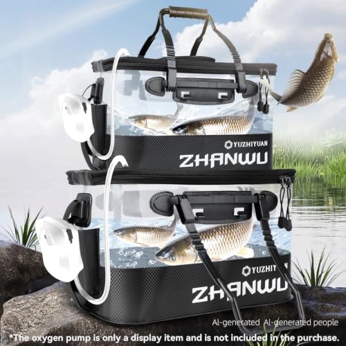 Fishing Bucket Foldable, 6Gallon/10Gallon Live Bait Bucket,Thickened EVA Transparent Lid Live Fish Container with Aeration Hole, Live Bait Bucket for Camping, Fishing Day(Black) - size: 8 Gallon