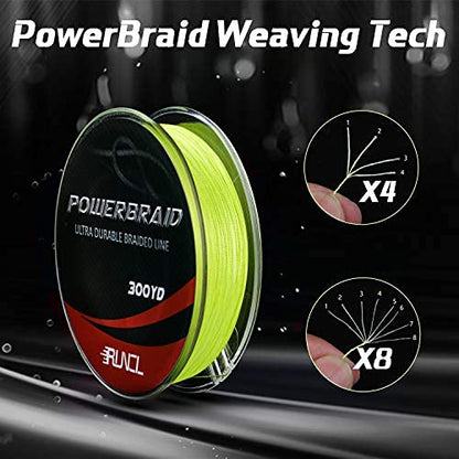 RUNCL PowerBraid Fishing Line 4/8/9 Strands, Braided Fishing Line 300/500/1000Yds - Seamless Weaving Tech, Enhanced Coating Tech, Zero Stretch, High Sensitivity, Smaller Diameter - Braid Line 15-115LB - color: Hi-Vis Yellow, size: 15LB-300yds(4 Strands)