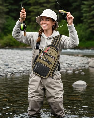 MATEIN Fishing Sling Bag with Phone Pouch, 3600 Tackle Box Backpack | Tackle Bag with Removable Bait Binder, Fishing Bag with Lure Rod Holder, Cooler Compartment, Waterproof, Women Fishing Gifts - color: Khaki & Black