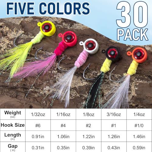 Alwonder 30-Pack Crappie Jigs Marabou Hair Fly Fishing Jigs Heads Crappie Trout Panfish Lures Hand-Tied Feather Jig Head Hooks for Bass Sunfish Walleye Bluegill 1/32oz 1/16oz 1/8oz 3/16oz 1/4oz - size: 1/8OZ - #2 HOOK