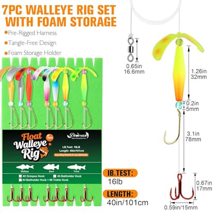 Dovesun Crawler Harness Walleye Rigs with Dual-Wing Blade, Float Walleye Spinner Rig for Slow Trolling (0.25 mph), Fluorocarbon Worm Harness, 2 Hook Walleye Fishing Rigs, 7 Pack - size: #4 Baitholder + #8 Treble Hook
