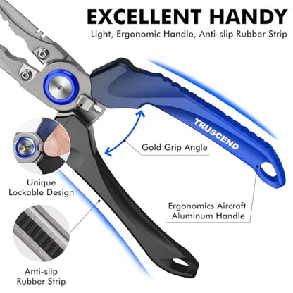 TRUSCEND Easy Use Lockable Fishing Pliers with Tungsten Carbide Cutter, Innovative Ergonomic Handy Handle, Saltwater Corrosion Resistant Teflon Coated Fishing Tool, Light Multi-Function Fishing Gear - color: A-blue