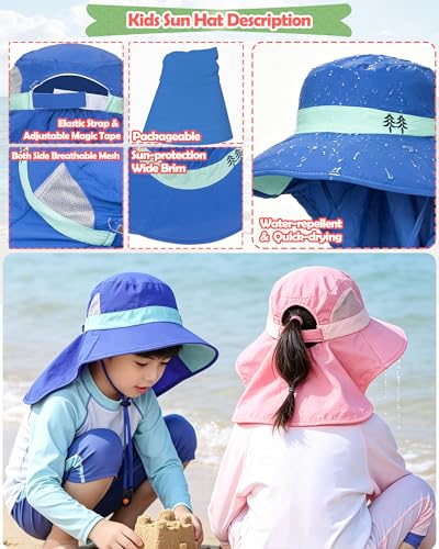 Kids Sun Hat Neck Flap UPF 50+ Quick-Dry Wide Brim Breathable Fishing Beach Hat for 6-12T Boys Girls Summer