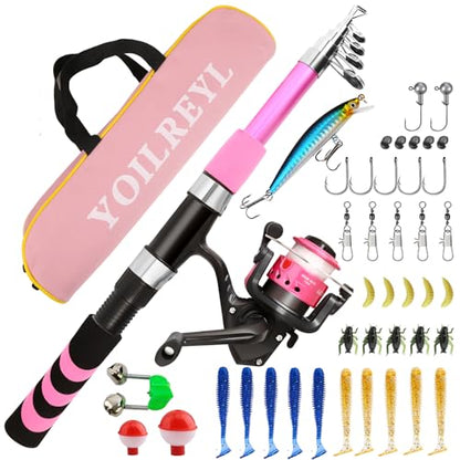 Collapsible Telescopic Fishing Rod and Reel Combo Push Button Small Fishing Pole Kit Beginner Youth Boys Fishing Starter Set Tackle - color: Pink, size: 5.9FT