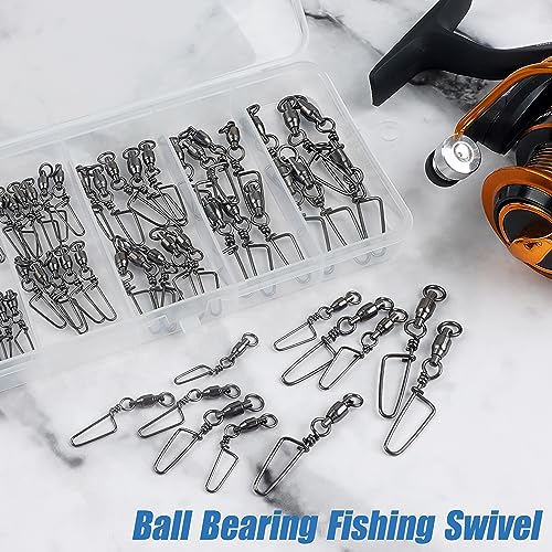 AGOOL Ball Bearing Fishing Swivel with Coastlock Snap Kit - 60pcs Stainless Steel Welded Ring Barrel Swivels Fish Line Connector Saltwater Fishing High Strength 8 to 440Lb Copper with Nickle Coated