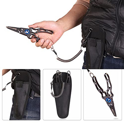 Fishing Pliers Aluminum Braid Cutters Split Ring Pliers Hook Remover Fish Holder with Sheath and Lanyard - color: blue-2