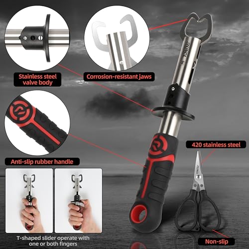 RUNCL 4pc Fishing Tool Kit- Fishing Pliers, Fish Fillet Knife with Sharpener, Fish Lip Gripper, Fishing Braid Scissors, Saltwater Fishing Gear and Equipment with Sheath/Lanyard, Fishing Gifts for Men - size: 5 inch