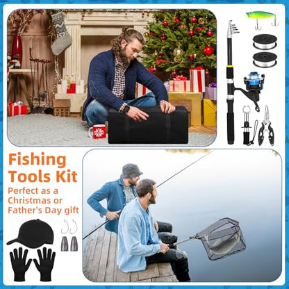 Telescopic Fishing Rod and Reel Combo 2 Pcs Collapsible Fishing Pole Kit with Plier Lip Gripper Lures Carrier Bag Pre-Loaded Spinning Reel for Beginner Men Travel Saltwater Freshwater - size: 6.89ft