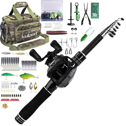 Fishing Kit with DC Digital Control Baitcasting Reel, Carbon Fiber Rod, Tackle Box and Fish Handling Tools | Portable Backpack Combo for Freshwater- Left - color: Tackle Bag with DC Baitcasting Combo- Left Handed