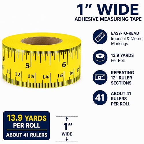 ChromaLabel Adhesive Measuring Tape, 1 Inch x 13.9 Yards, Yellow | Peel and stick ruler tape with removable adhesive and Imperial/Metric markings for sewing and crafts. Made in USA - color: Yellow, size: 1" Wide