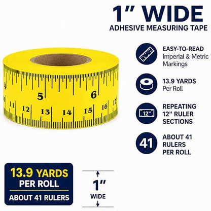 ChromaLabel Adhesive Measuring Tape, 1 Inch x 13.9 Yards, Yellow | Peel and stick ruler tape with removable adhesive and Imperial/Metric markings for sewing and crafts. Made in USA - color: Yellow, size: 1" Wide