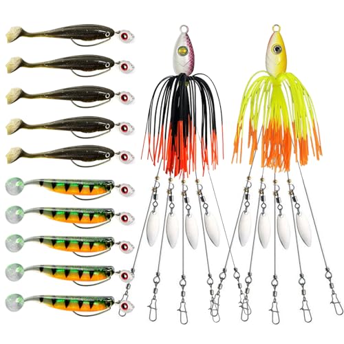 Alabama Rig Kit,2 Sets Umbrella Rig Fishing Lure Kit with Jig Heads and Trailers,5 Arms Fishing Umbrella Rigs Swimbait Lure for Trout Salmon Bass