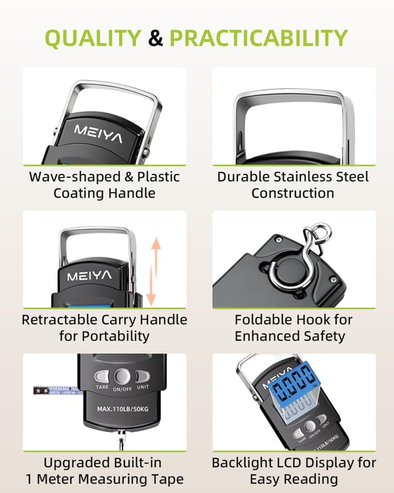 MEIYA Fish Scale 110lb/50kg Digital Fishing Scale with Backlit LCD, Portable Handle, Stainless Steel Hook, Built-in Tape Measure & 2 AAA Batteries, Reliable Fishing Gear & Great Fishing Gifts for Men