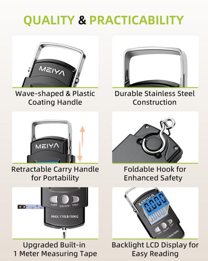 MEIYA Fish Scale 110lb/50kg Digital Fishing Scale with Backlit LCD, Portable Handle, Stainless Steel Hook, Built-in Tape Measure & 2 AAA Batteries, Reliable Fishing Gear & Great Fishing Gifts for Men