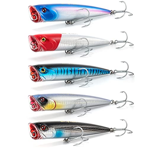 Dr.Fish Popper Saltwater Fishing Lures, 4/5.5 Inches GT Popper VMC Treble Hooks Surf Fishing Lures for Bass Striper Pike Salmon Offshore - color: Chorme Black, Chrome Blue, Blue, Red/White, Blue/Purple,-5 Pack, size: 5.5"