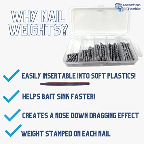 Reaction Tackle Nail Weights for Bass Fishing - Insert Pencil Sinkers for Wacky Rig, Neko Rig and Soft Plastic Lures - Freshwater and Saltwater - 25-Pack - size: Variety Pack: 1/32, 1/16, 3/32, 1/8 Oz (100 Piece)