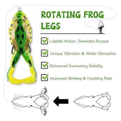 10 Pcs Bionic Frog Lures Kit with Double Propellers - Topwater Weedless Soft Frog Baits, Realistic Hollow Body Fishing Lures with Sharp Hooks for Bass Trout, Freshwater Saltwater Fishing Gear
